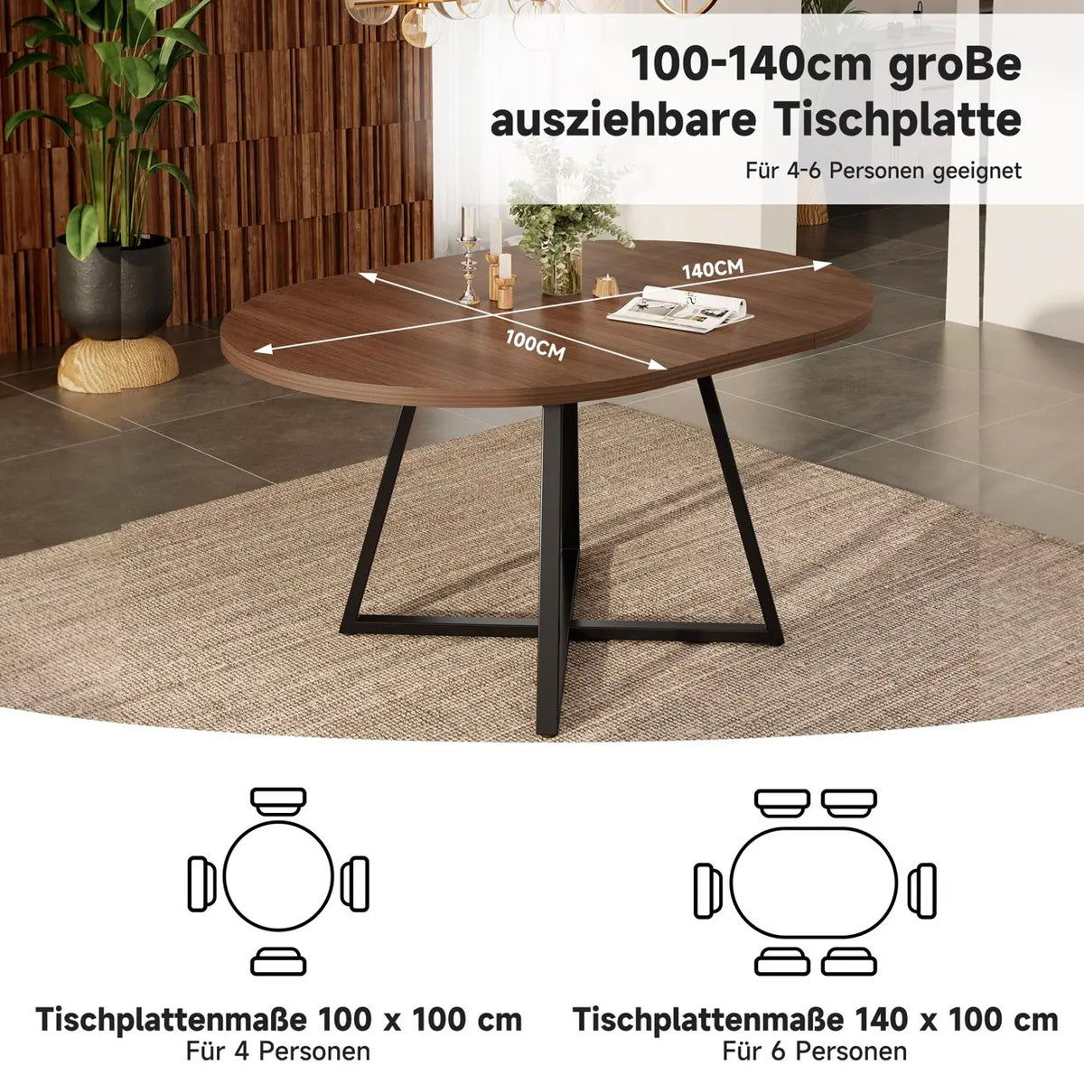 Table extensible 100-140 cm, coins arrondis, noyer