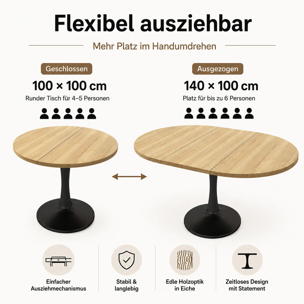 Table ovale extensible 100-140 cm, aspect chêne