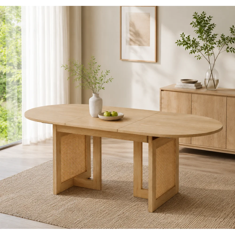 Table rectangulaire extensible aspect chêne, pieds rotin