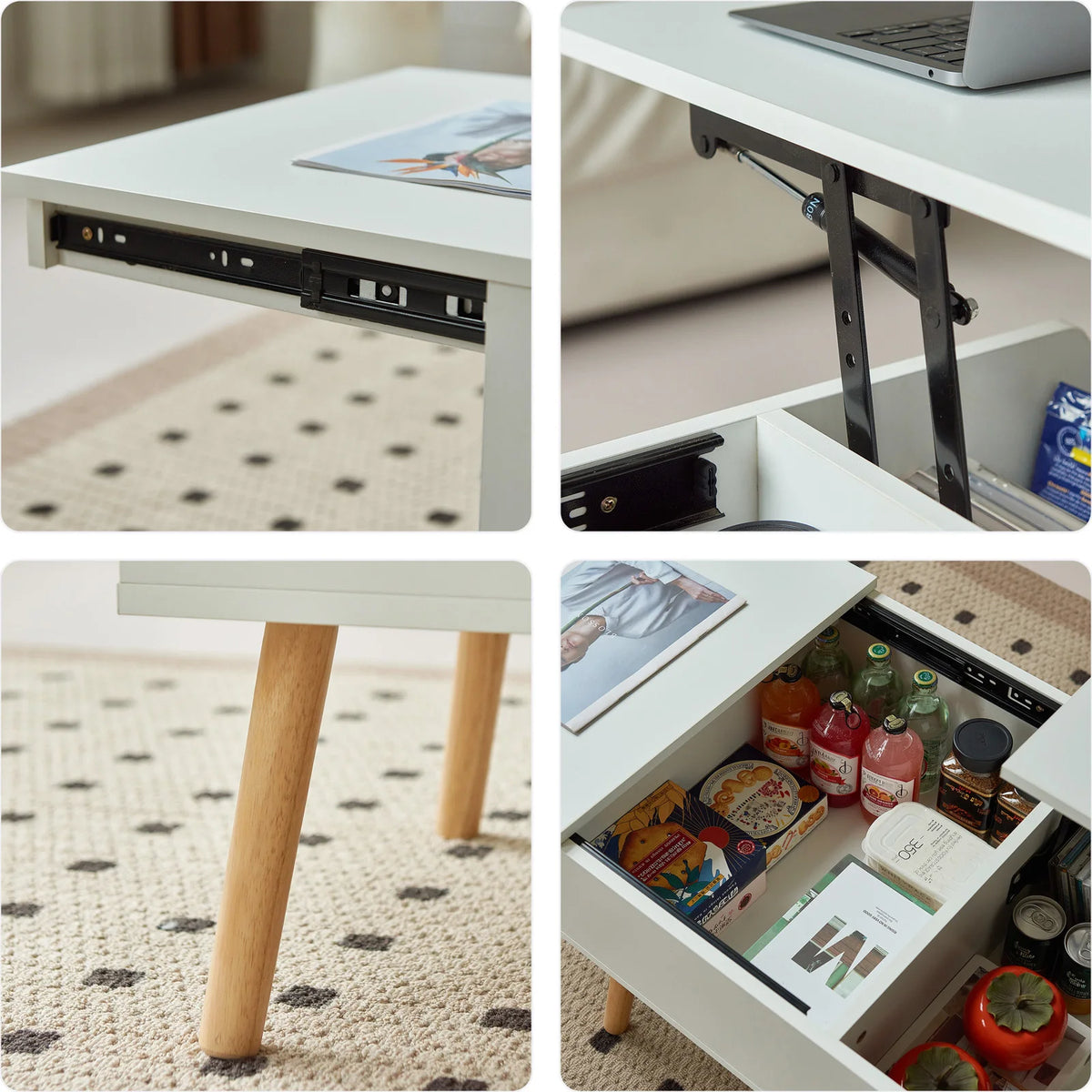 Table basse relevable et extensible, bois et métal