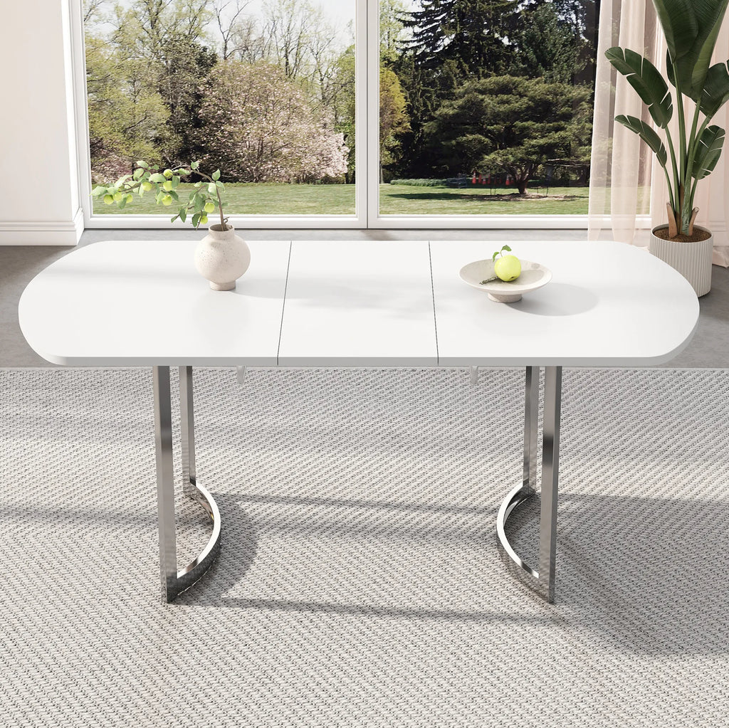 Table extensible blanche 140-180 cm, pieds métal argent
