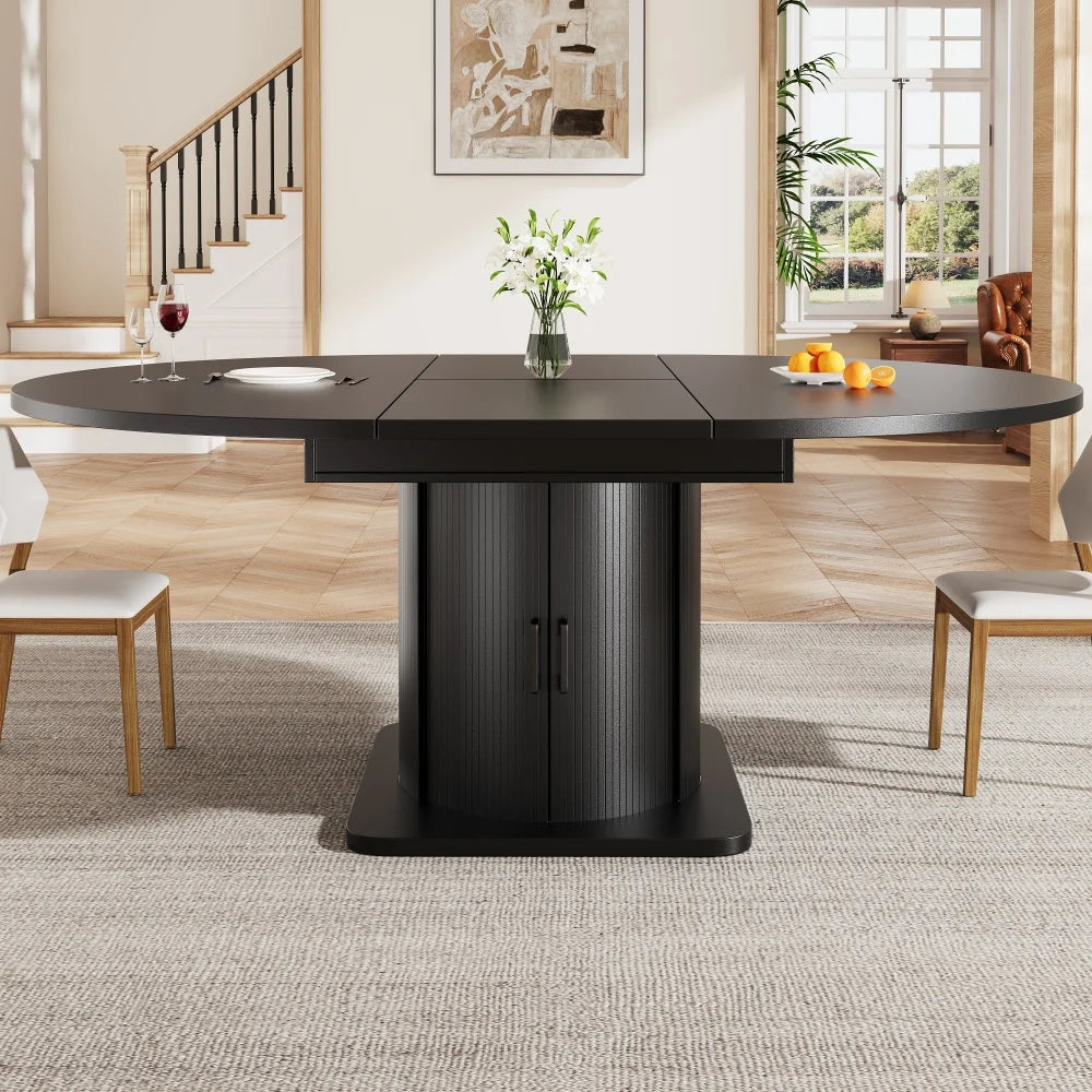 Table ronde extensible noire 118-158 cm à tiroirs