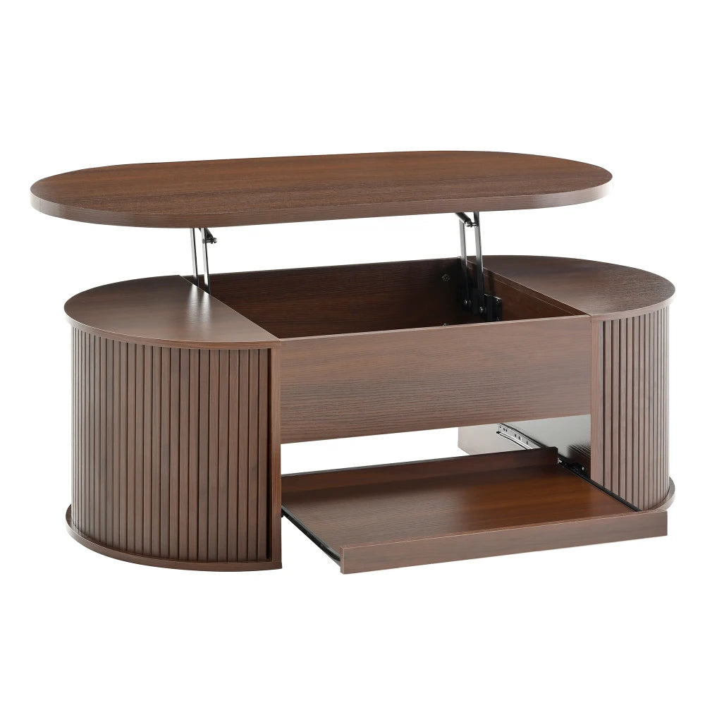 Table basse relevable avec étagère, bois et courbes