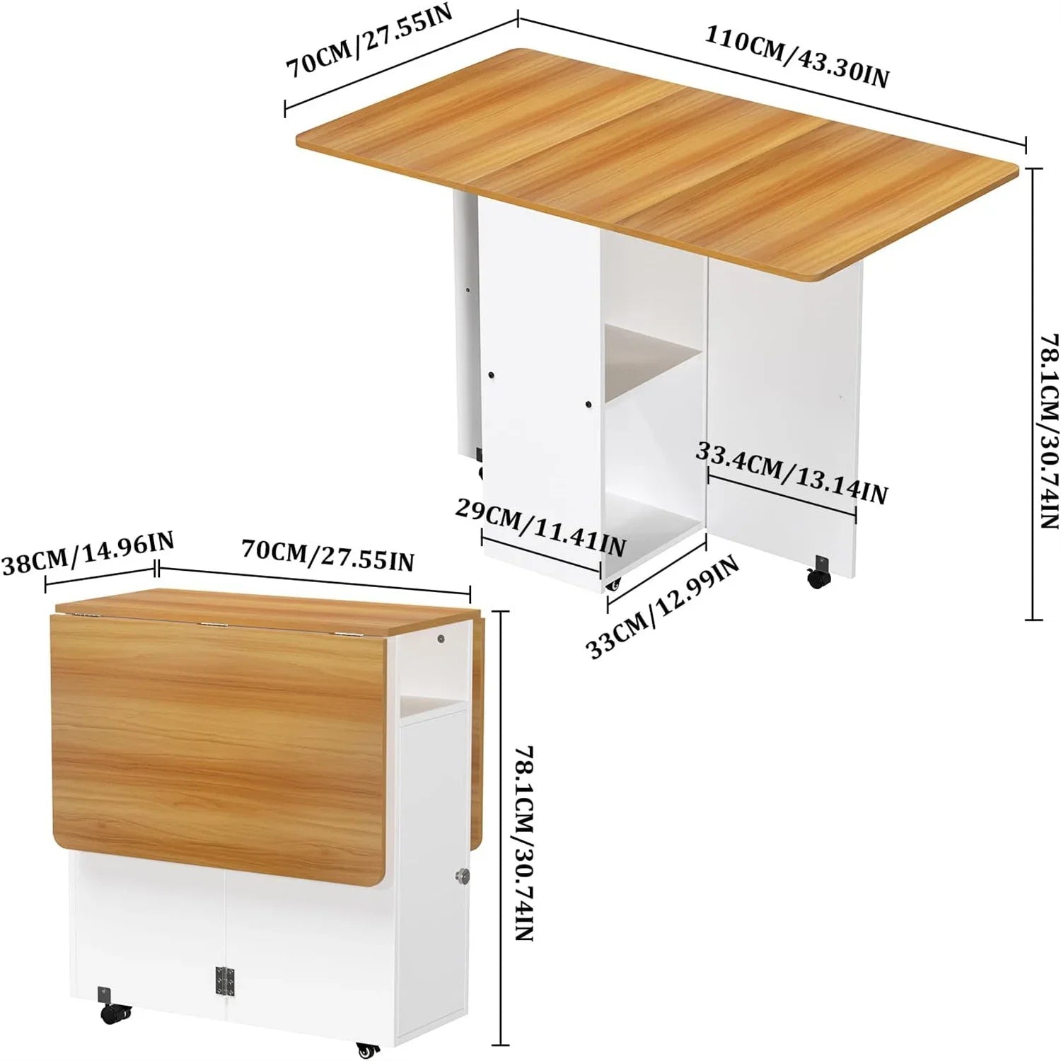 Table pliante sur roulettes avec étagères