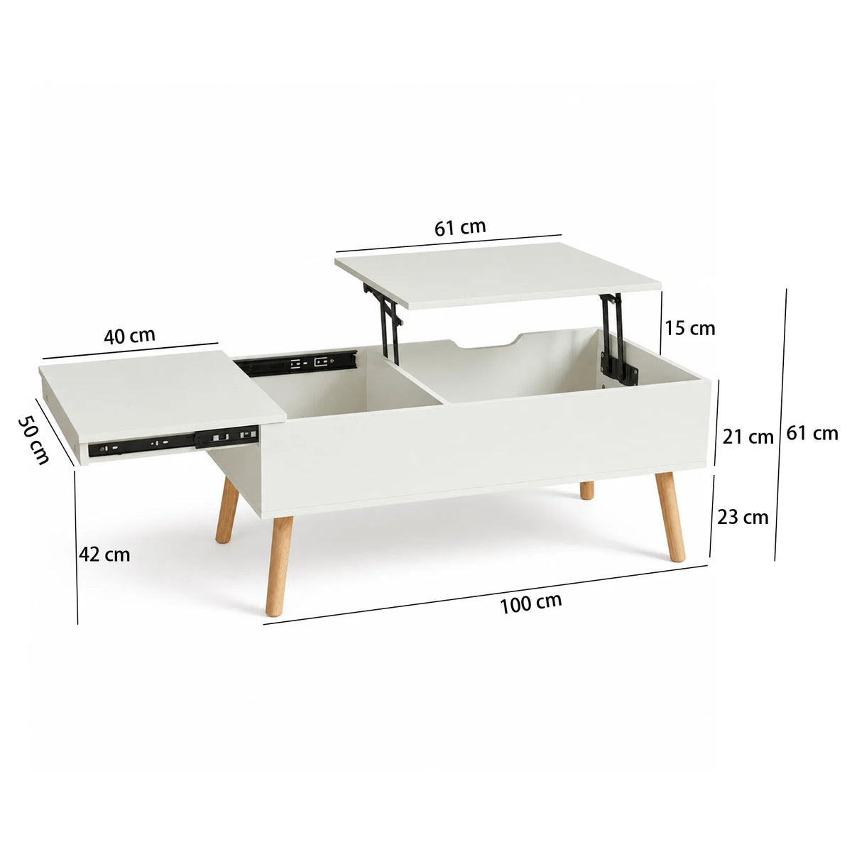 Table basse relevable et extensible, bois et métal