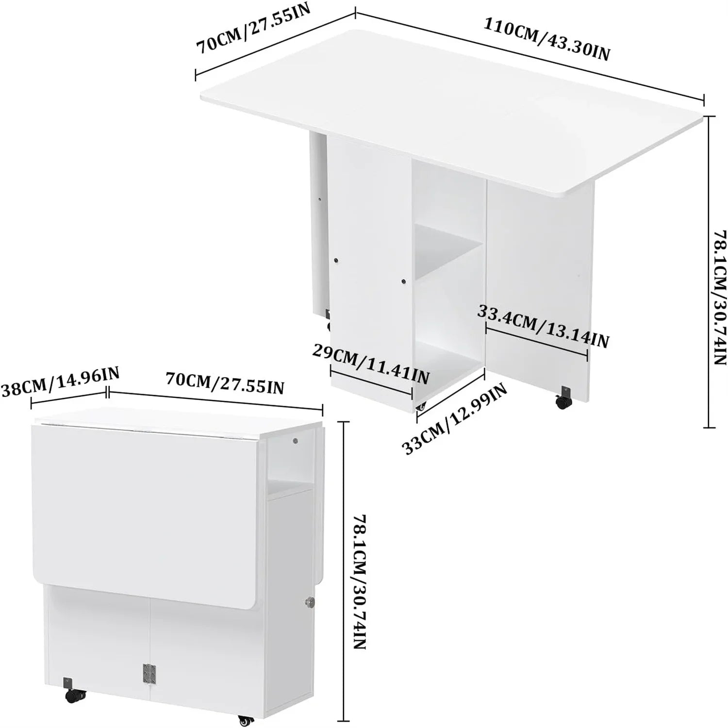 Table pliante sur roulettes avec étagères