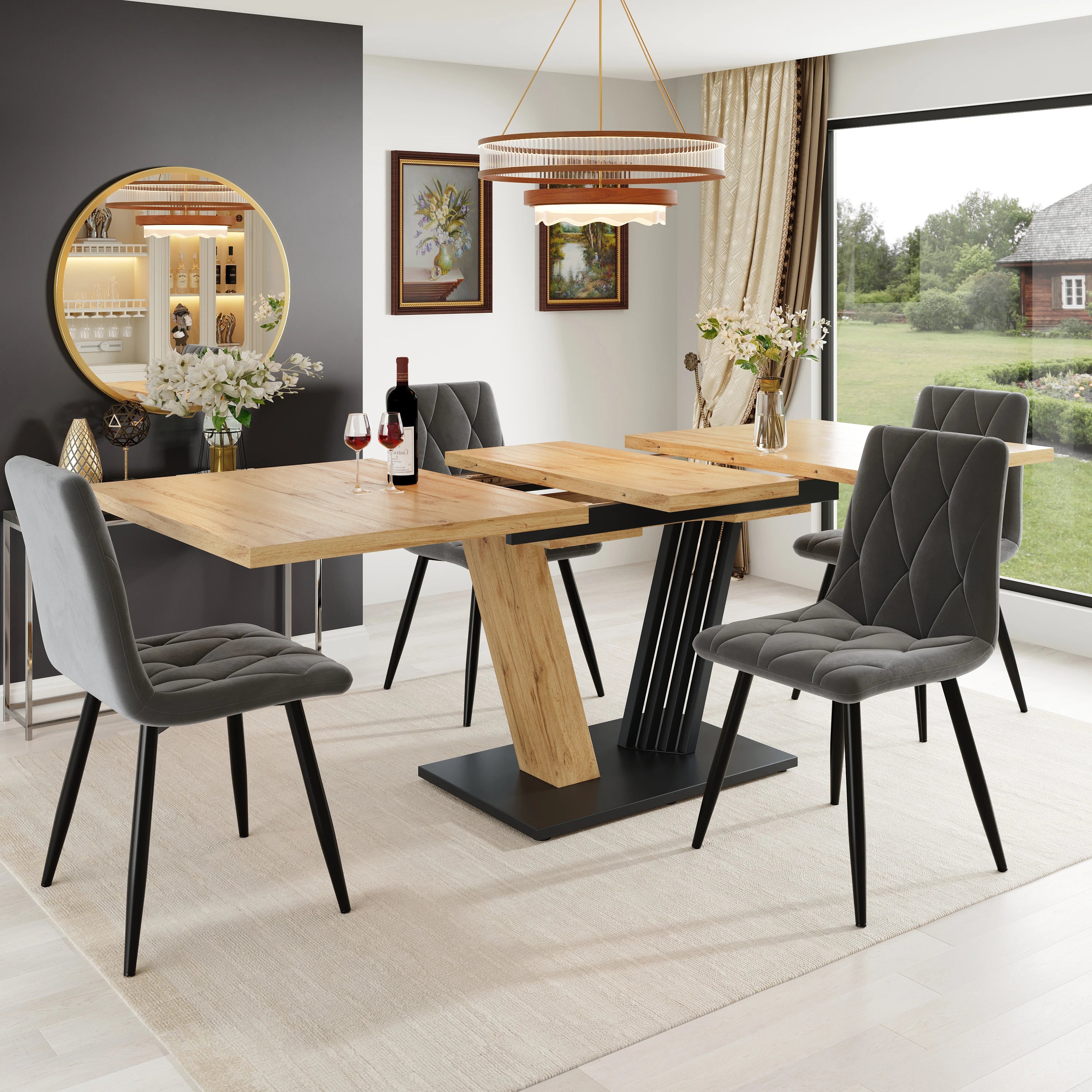 Table extensible aspect bois, pieds en aile