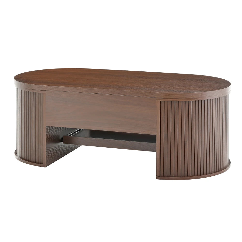 Table basse relevable avec étagère, bois et courbes