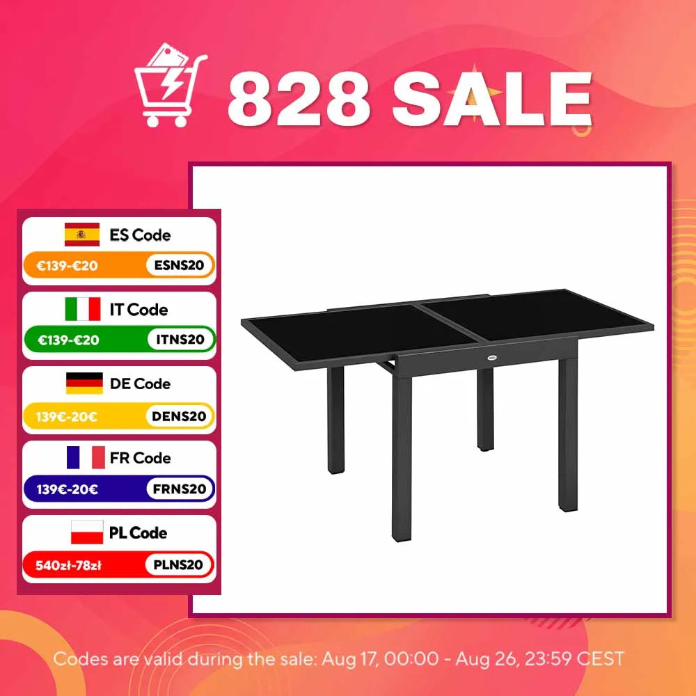 Table de jardin extensible 80-160 cm, aluminium et verre