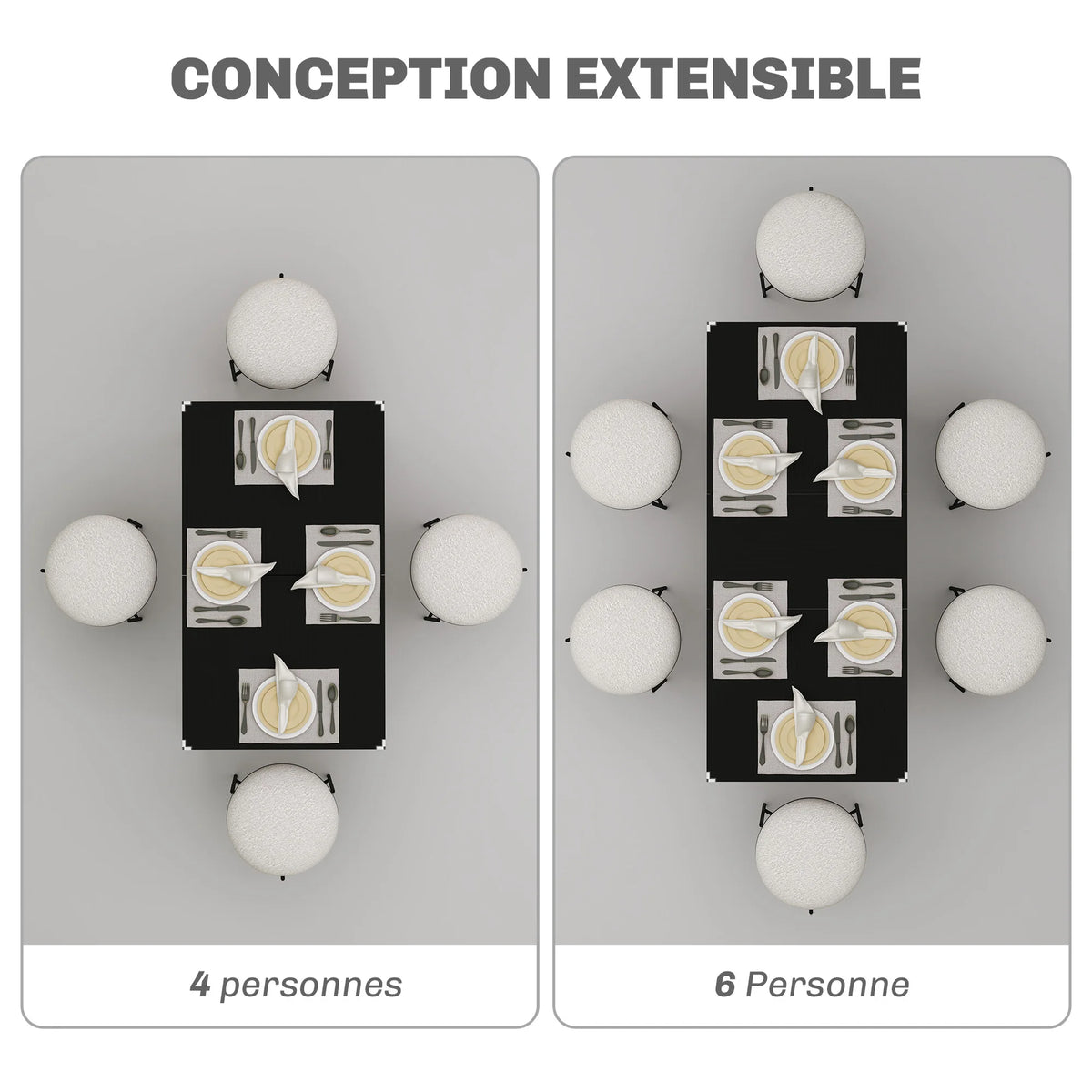 Table extensible noire à allonge, 4 à 6 personnes