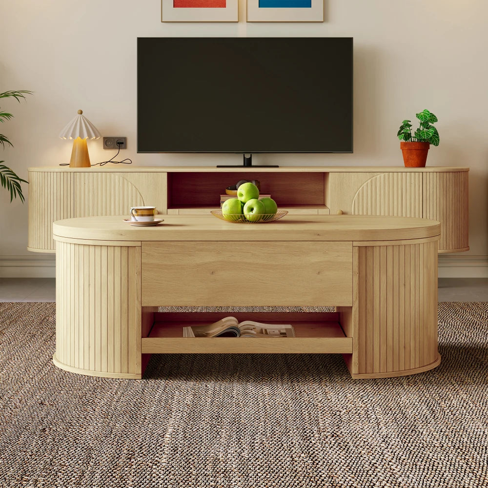 Table basse relevable, côtés bois courbes