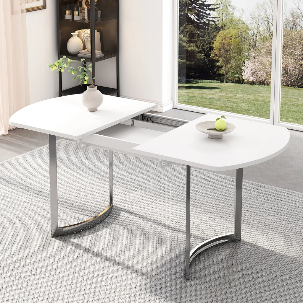 Table extensible blanche 140-180 cm, pieds métal argent