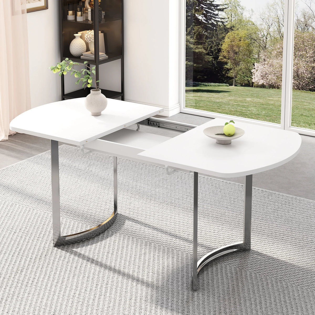 Table extensible blanche 140-180 cm, pieds métal argent