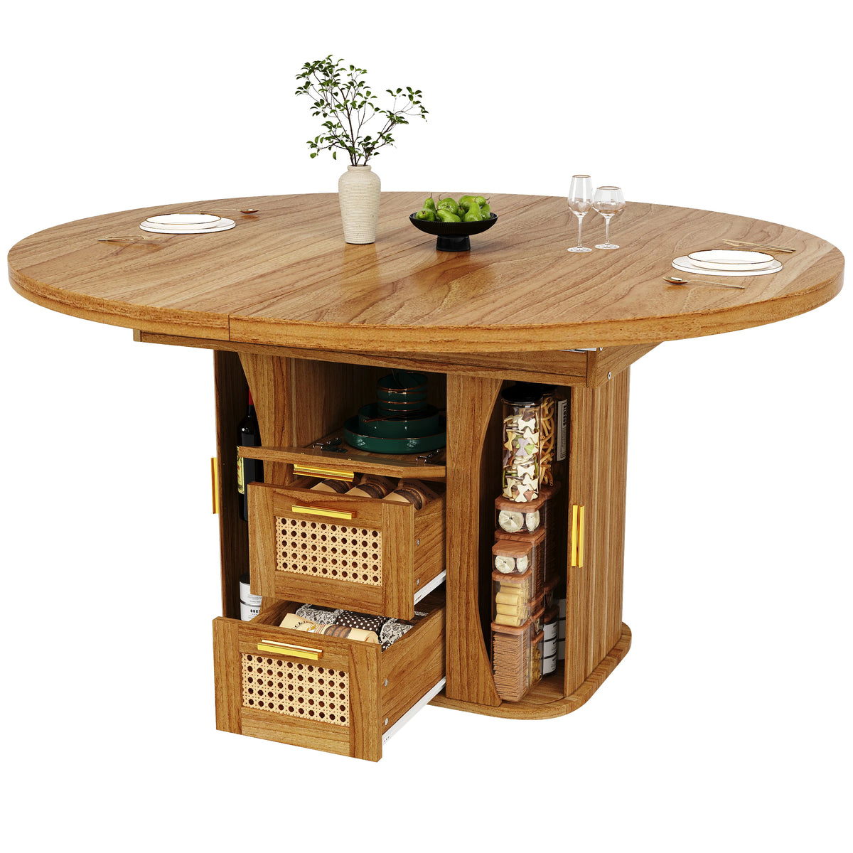Table extensible à tiroirs rotin, finition bois