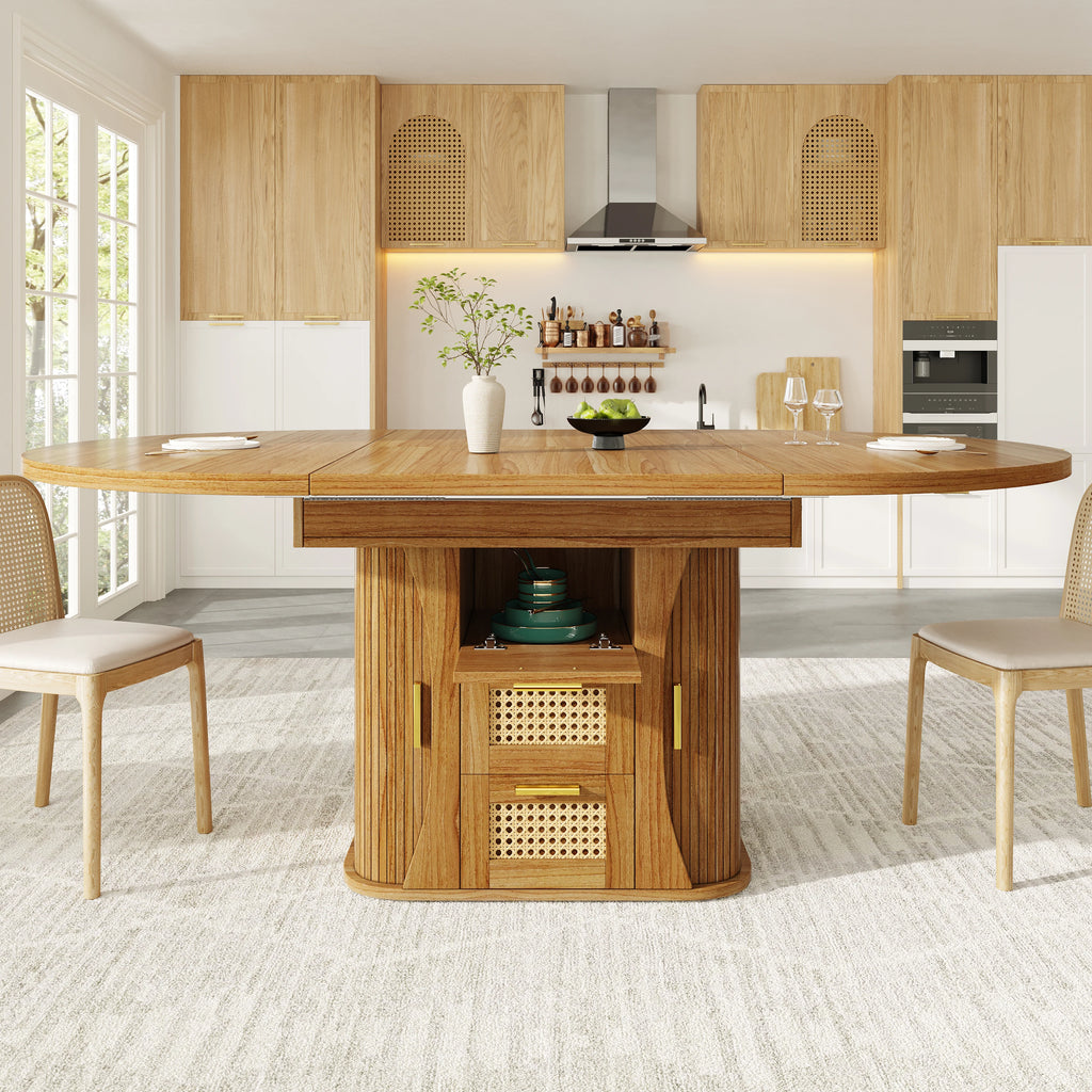 Table extensible à tiroirs rotin, finition bois