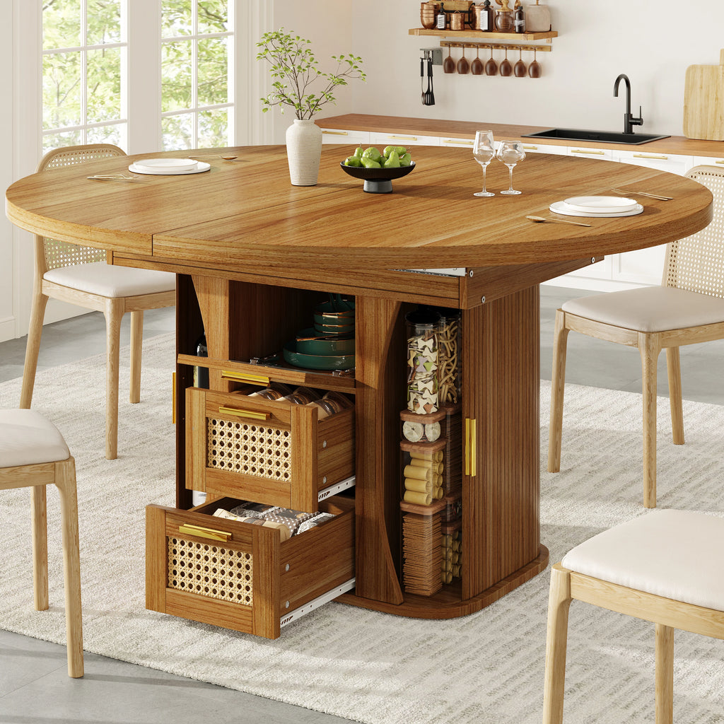 Table extensible à tiroirs rotin, finition bois