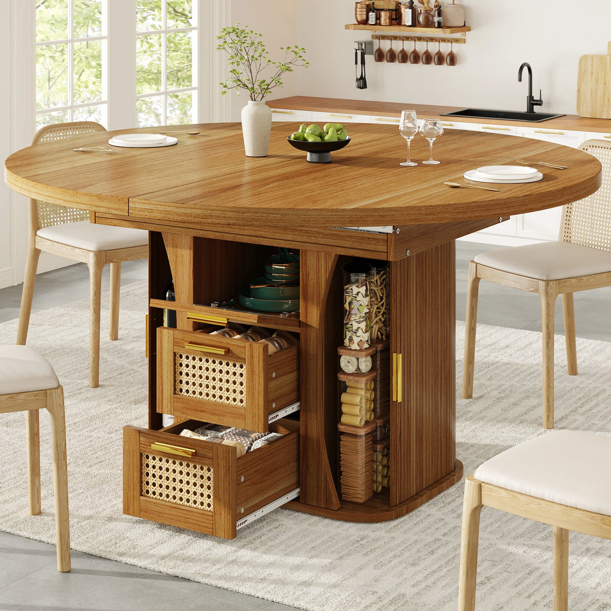 Table extensible à tiroirs rotin, finition bois