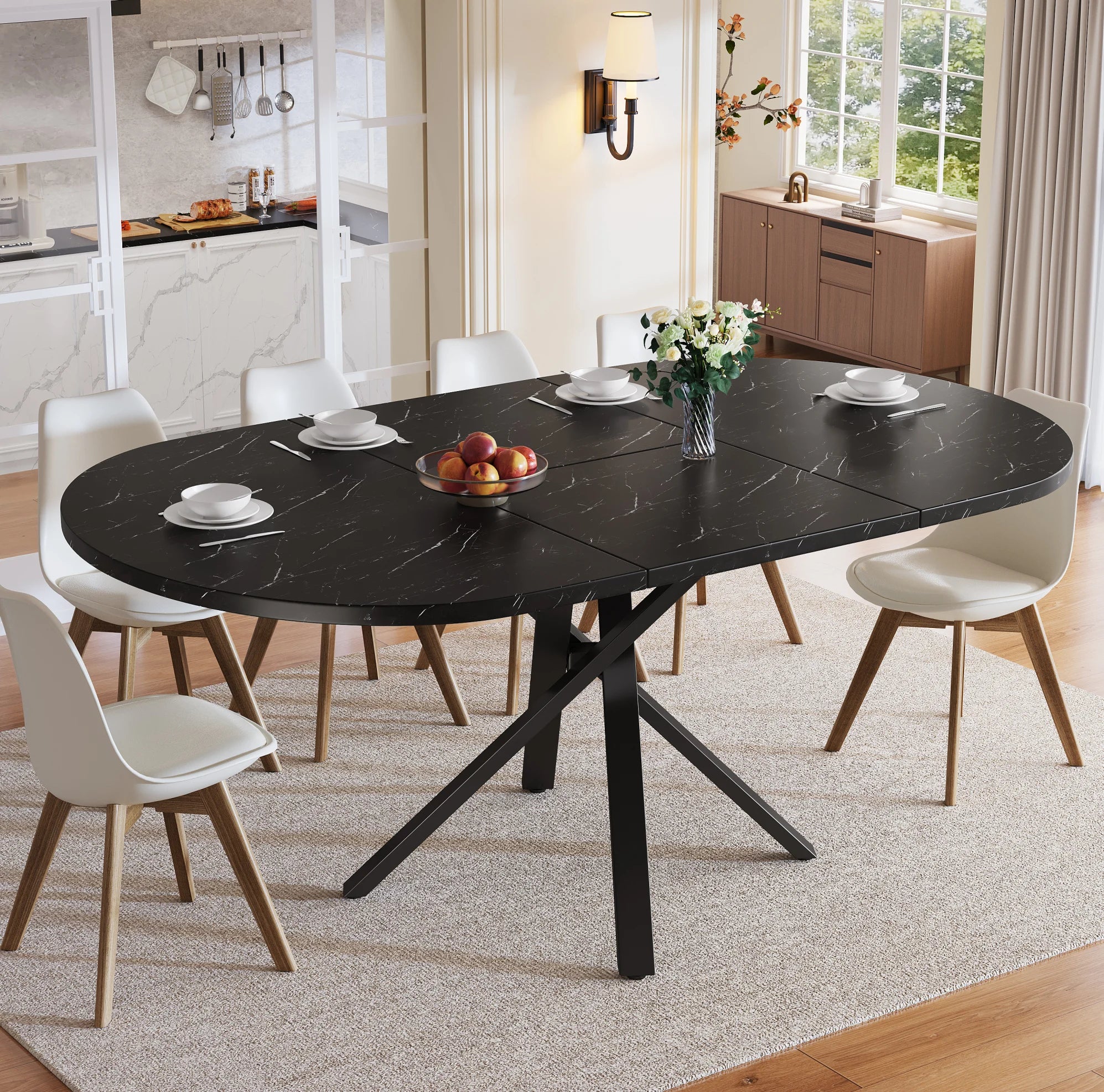 Table ronde extensible 100-140 cm, aspect marbre