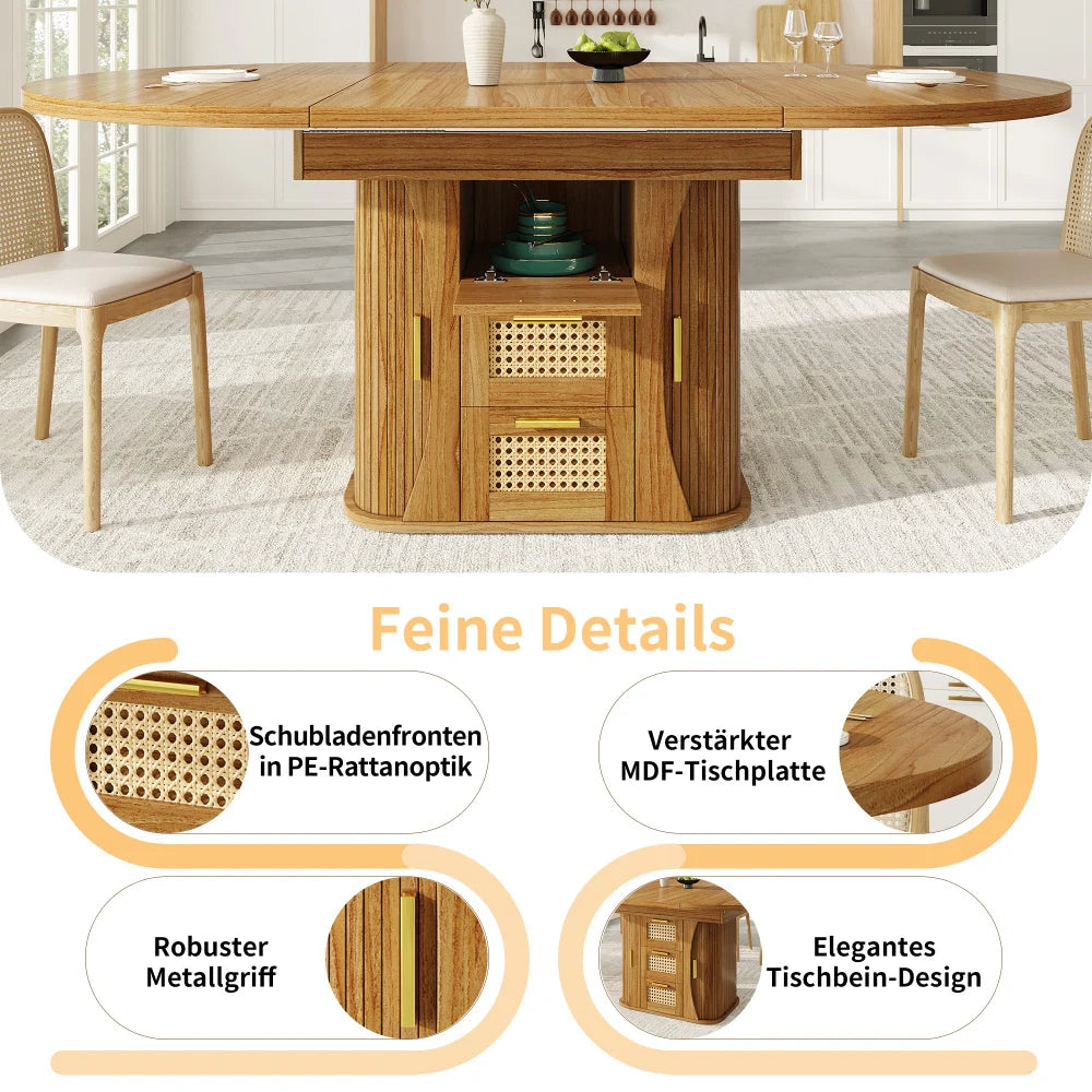 Table extensible 118-158 cm à tiroirs rotin