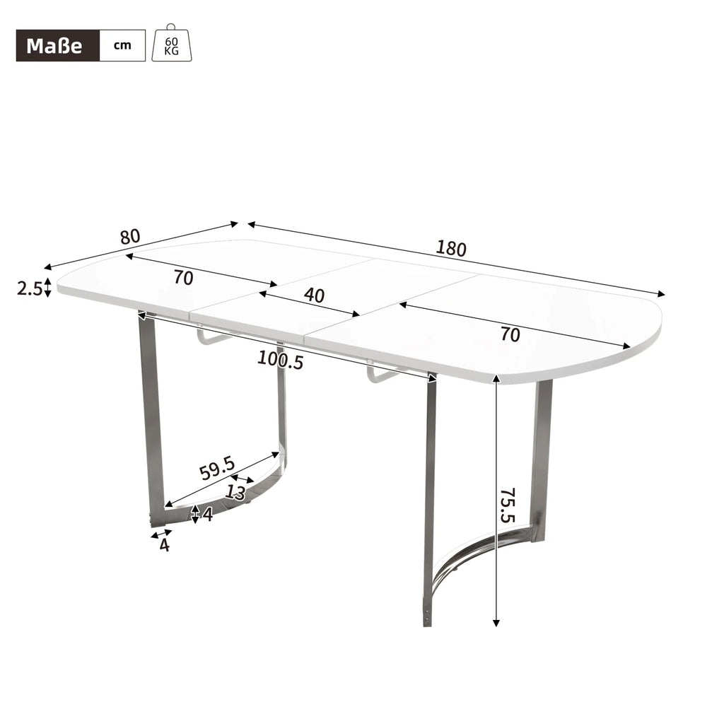 Table extensible blanche 140-180 cm, pieds métal argent