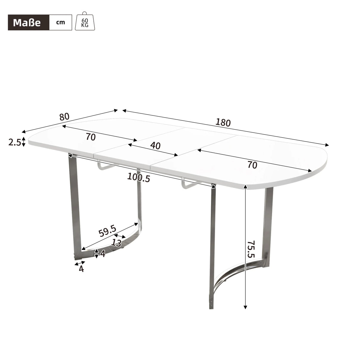 Table extensible blanche 140-180 cm, pieds métal argent