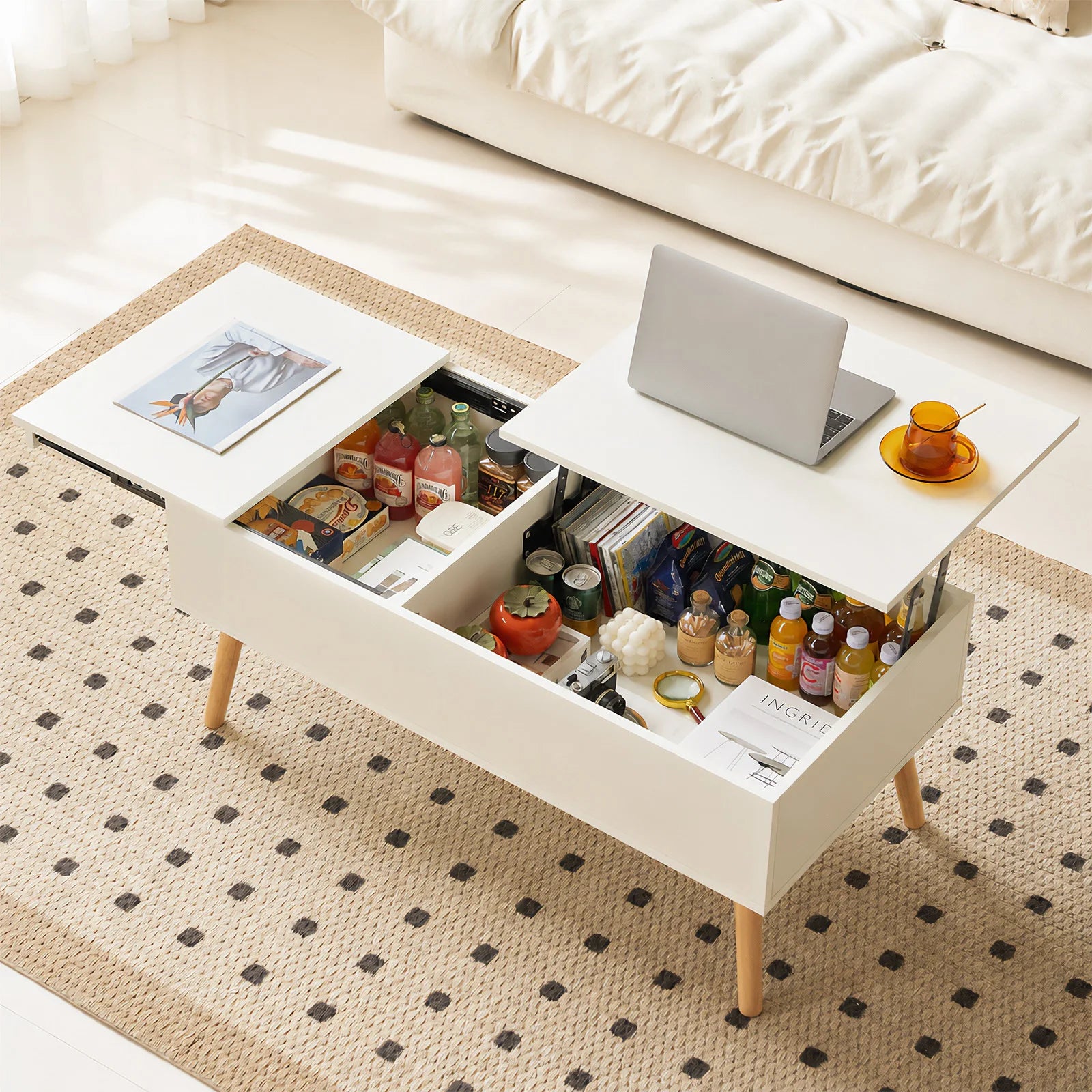 Table basse relevable et extensible, bois et métal