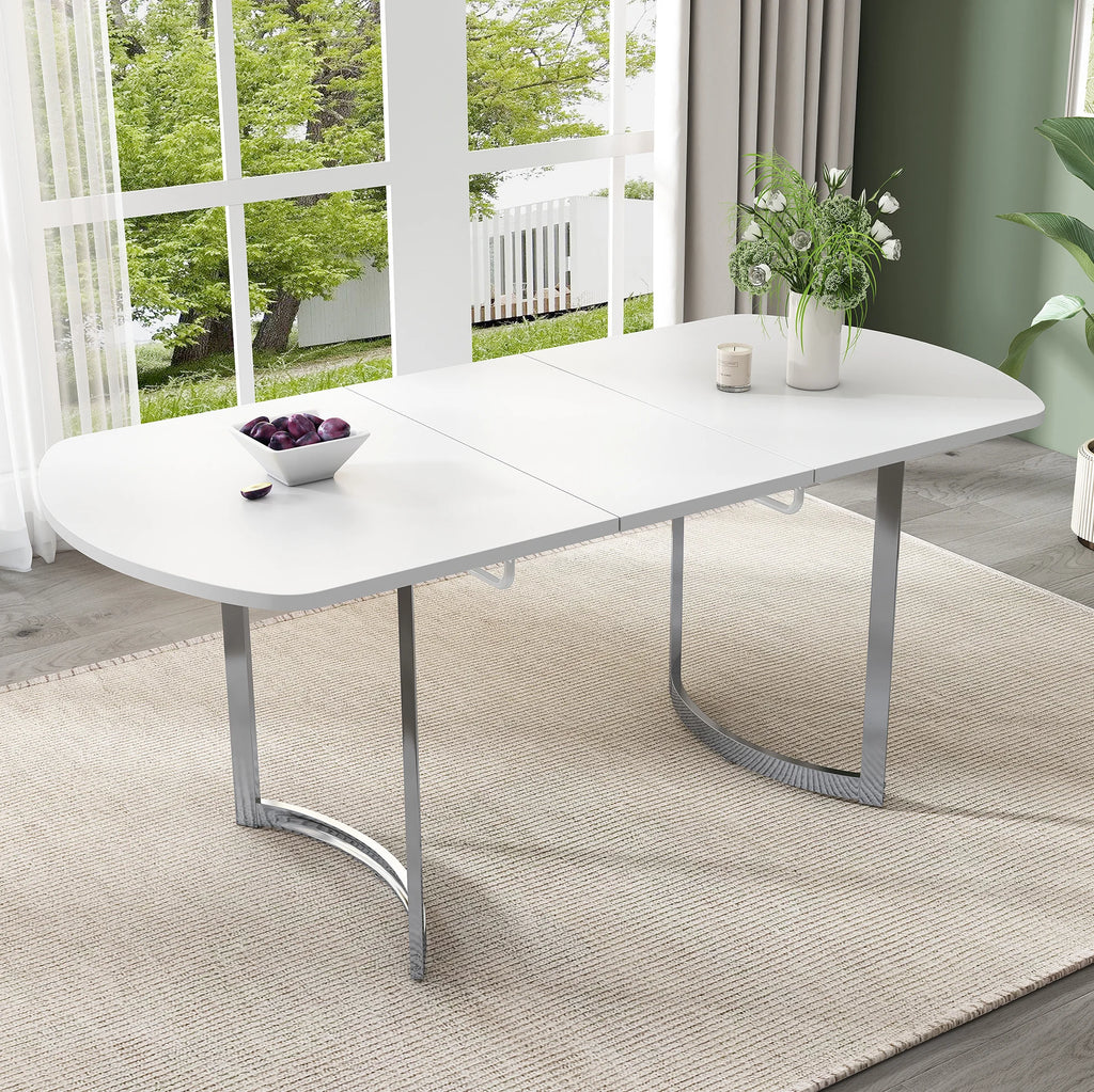 Table extensible blanche 140-180 cm, pieds métal argent