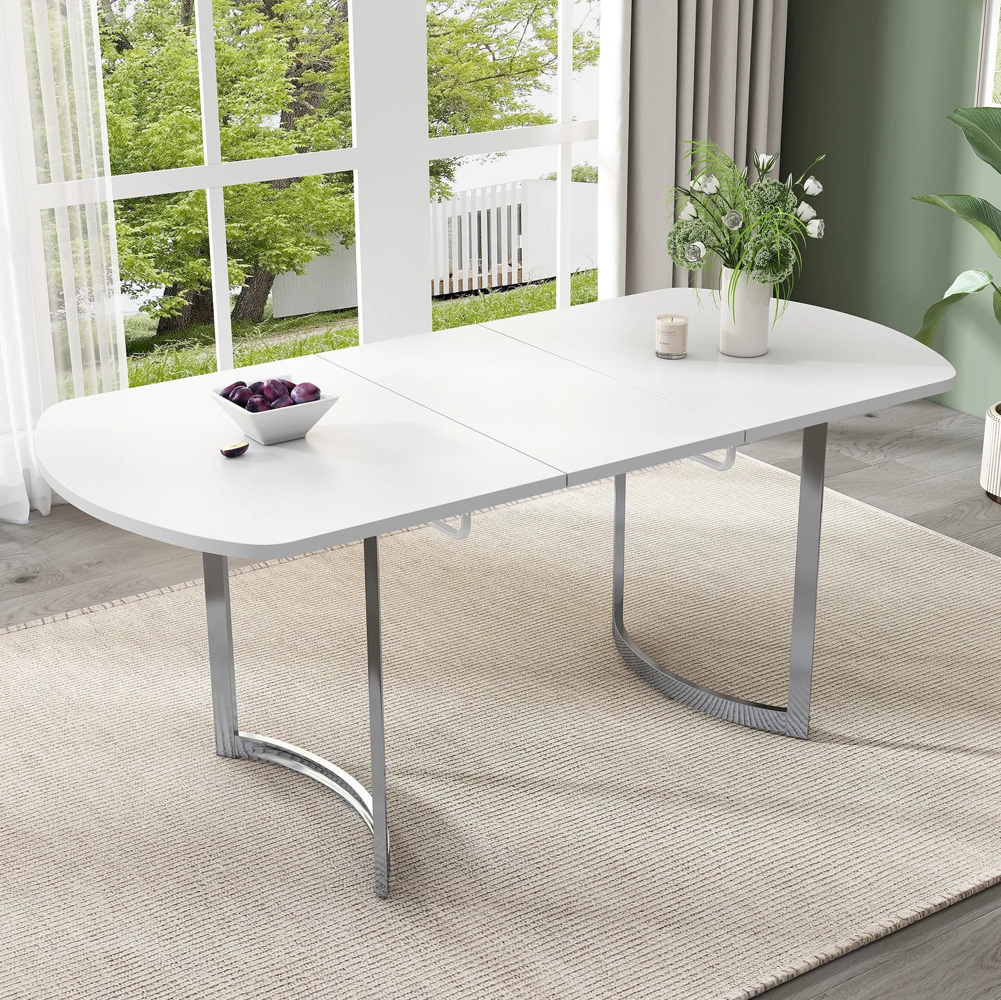 Table extensible blanche 140-180 cm, pieds métal argent