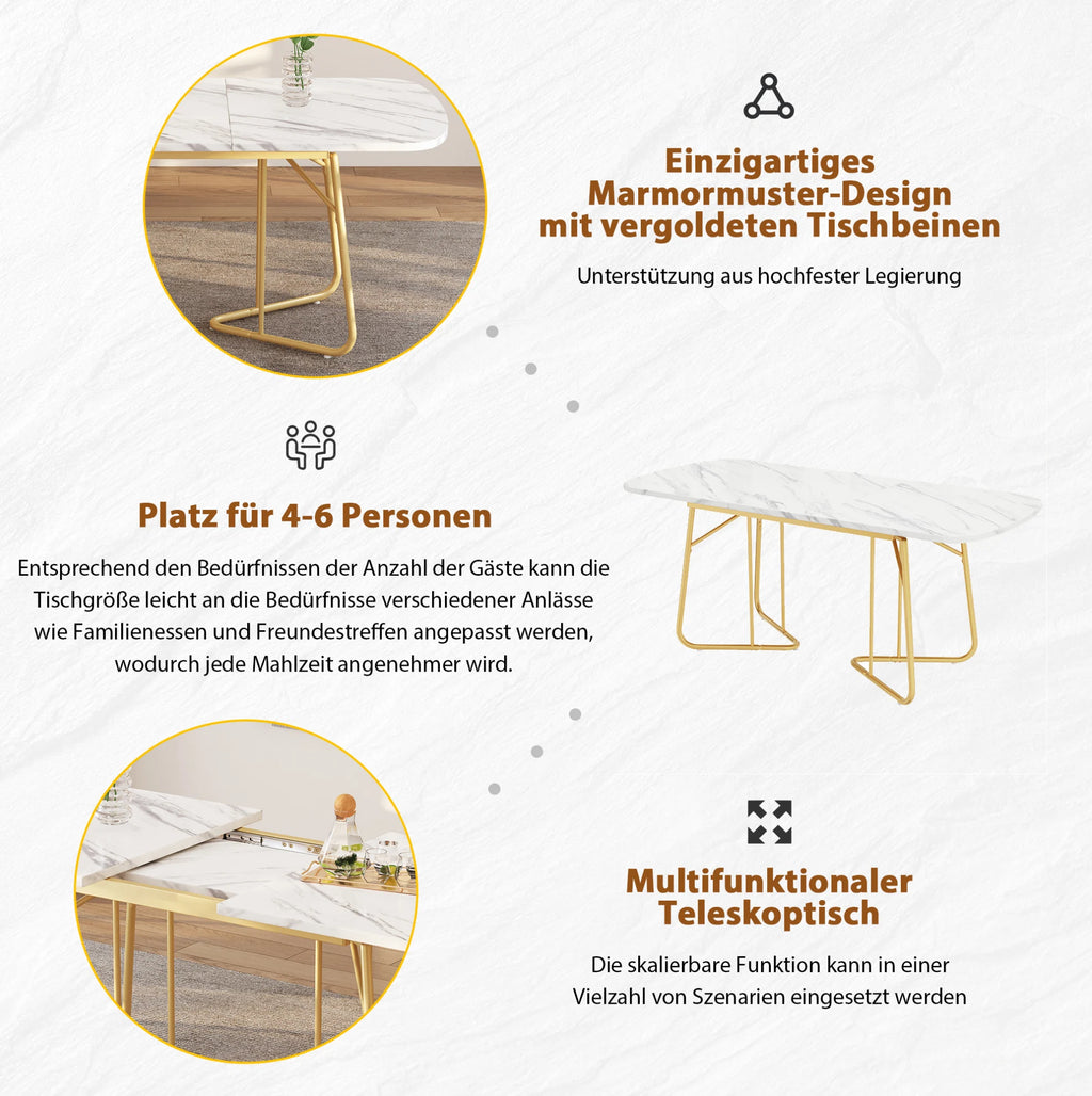 Table extensible blanche 140-180 cm, pieds dorés