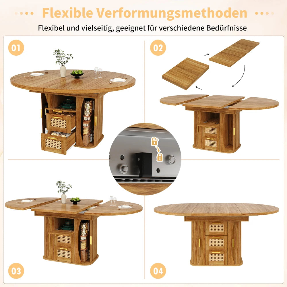 Table extensible 118-158 cm à tiroirs rotin