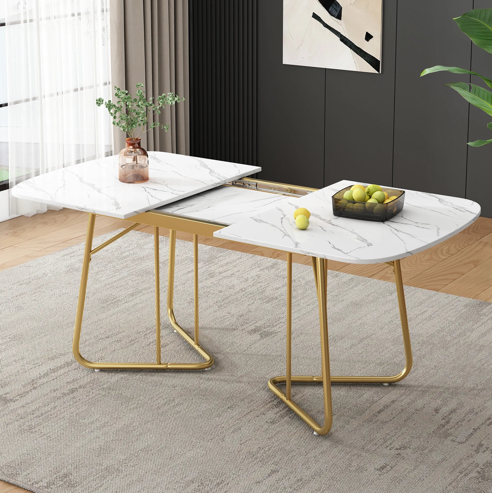 Table extensible blanche 140-180 cm, pieds dorés