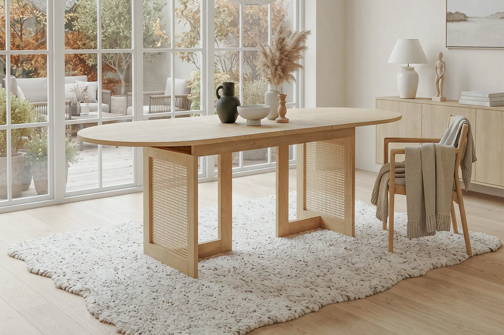 Table extensible 120-160 cm, pieds rotin, chêne