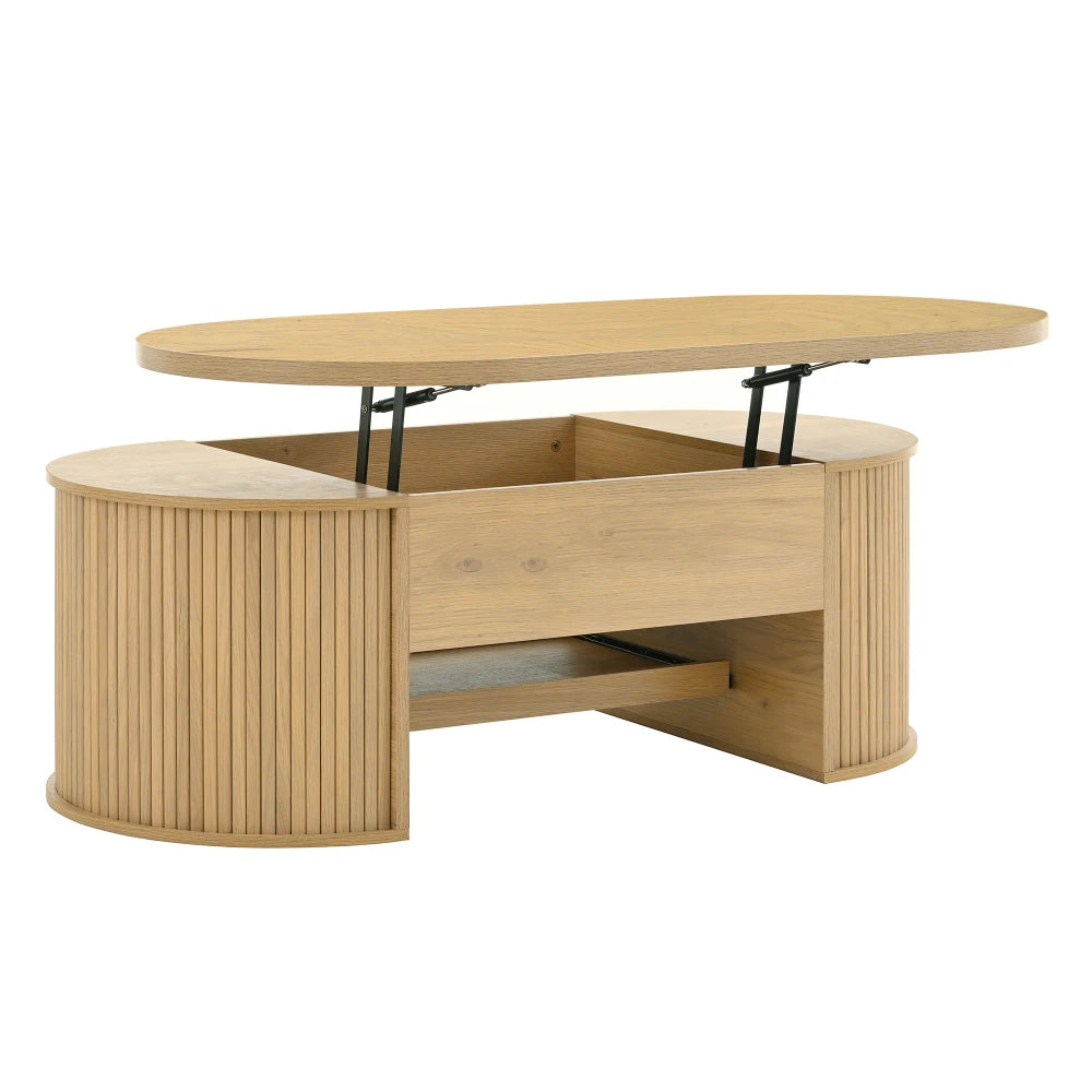 Table basse relevable, côtés bois courbes