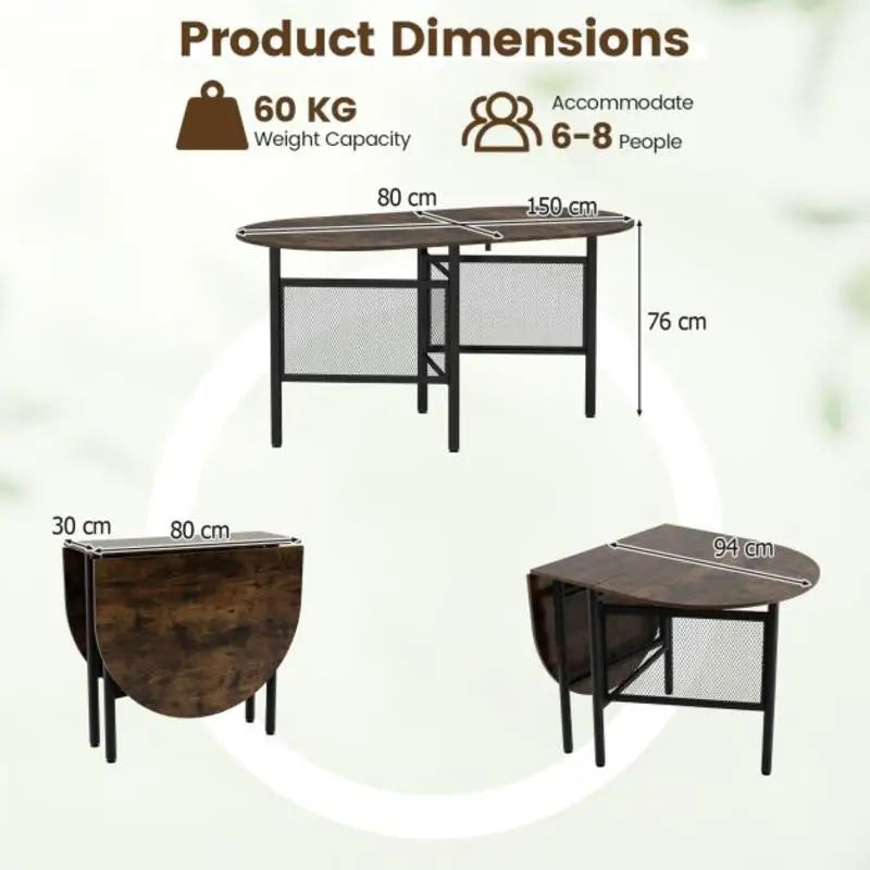 Table pliante 150 cm à abattants, brun rustique