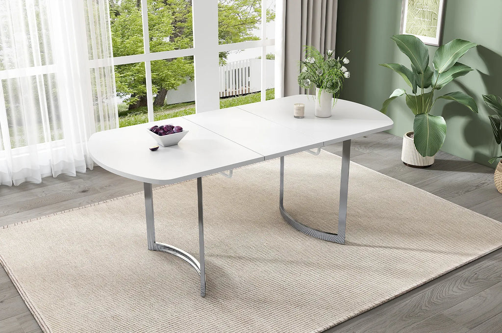 Table extensible blanche 140-180 cm, pieds métal argent