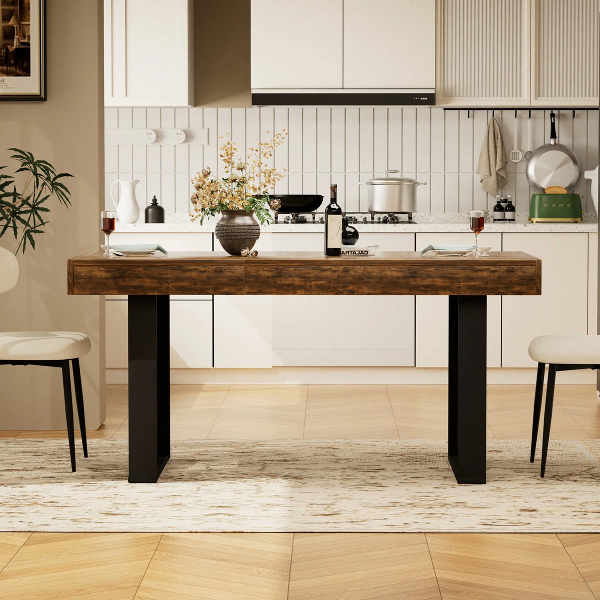 Table extensible rétro, plateau brun et pieds noirs