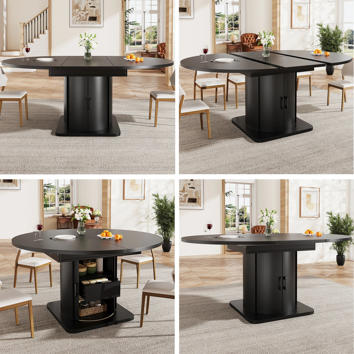 Table ronde extensible noire 118-158 cm à tiroirs