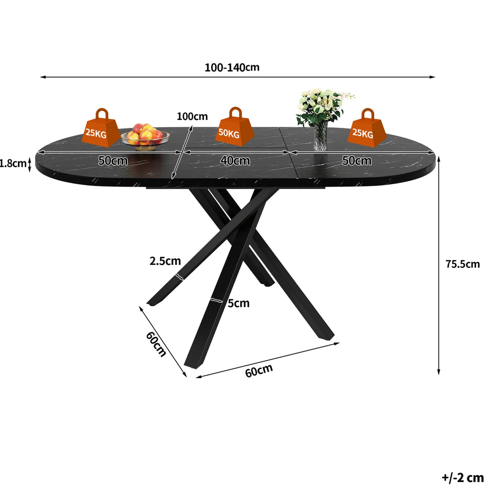 Table ronde extensible 100-140 cm, aspect marbre