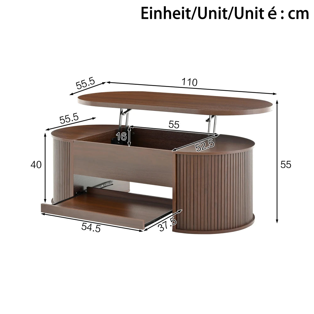 Table basse relevable avec étagère, bois et courbes