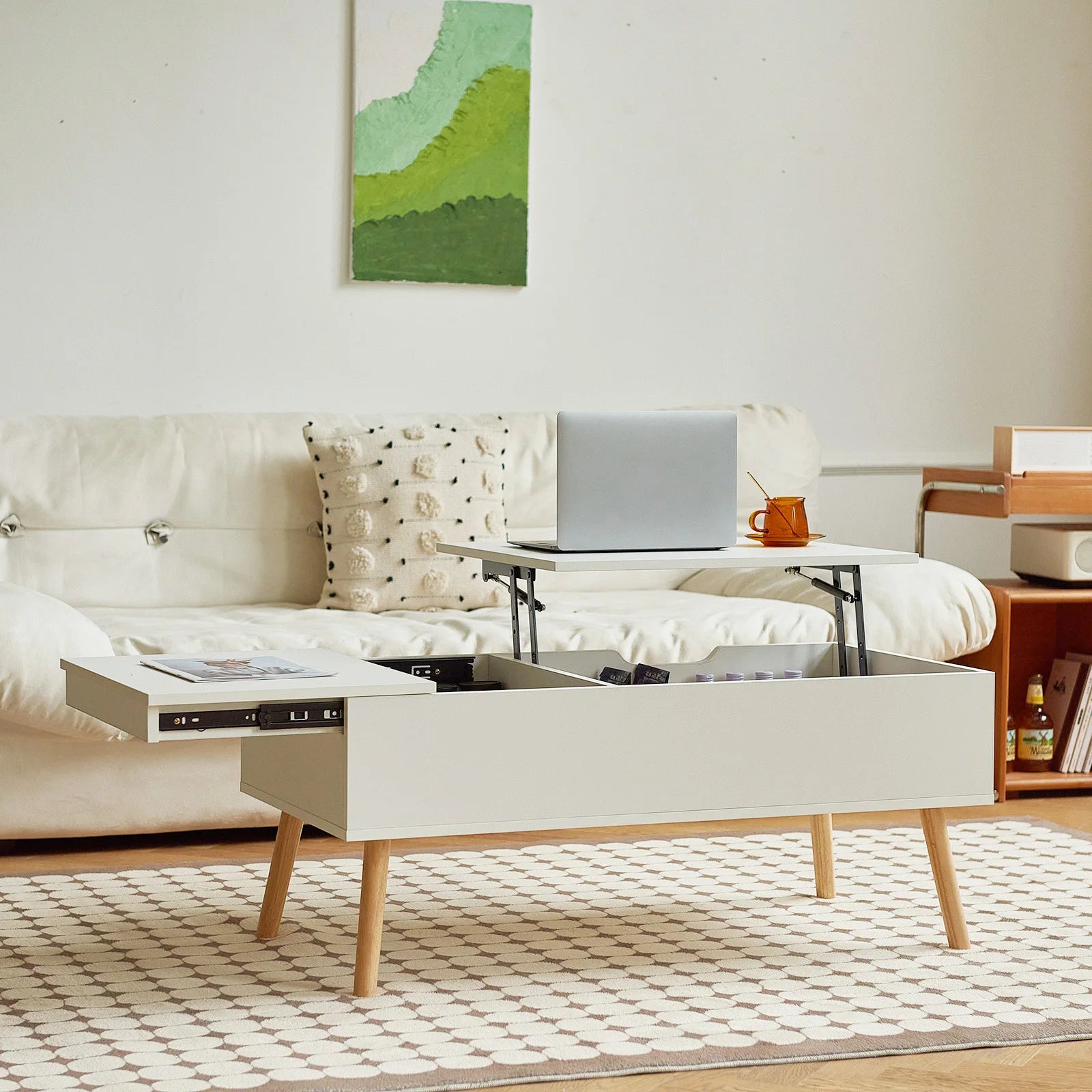 Table basse relevable et extensible, bois et métal