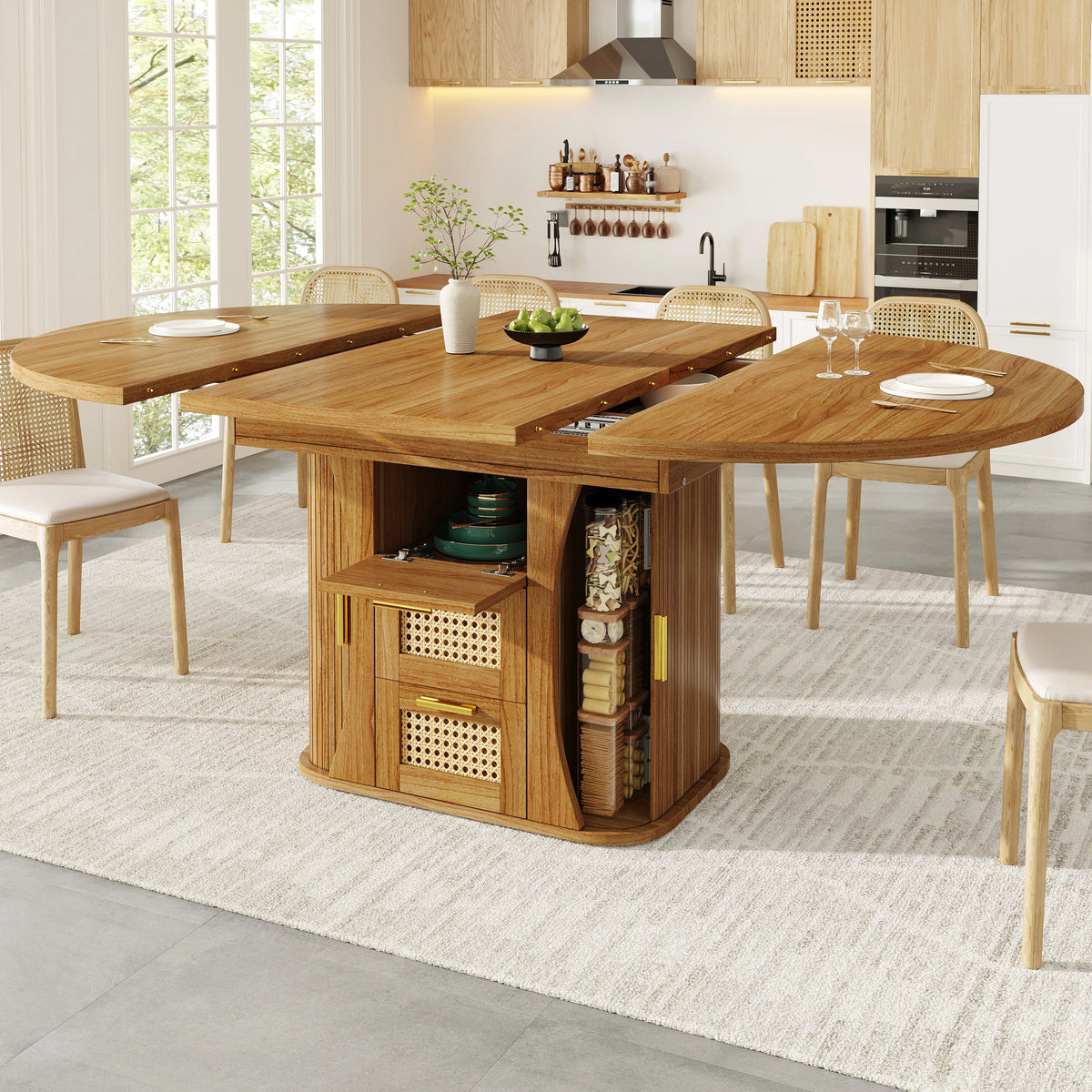 Table extensible à tiroirs rotin, finition bois