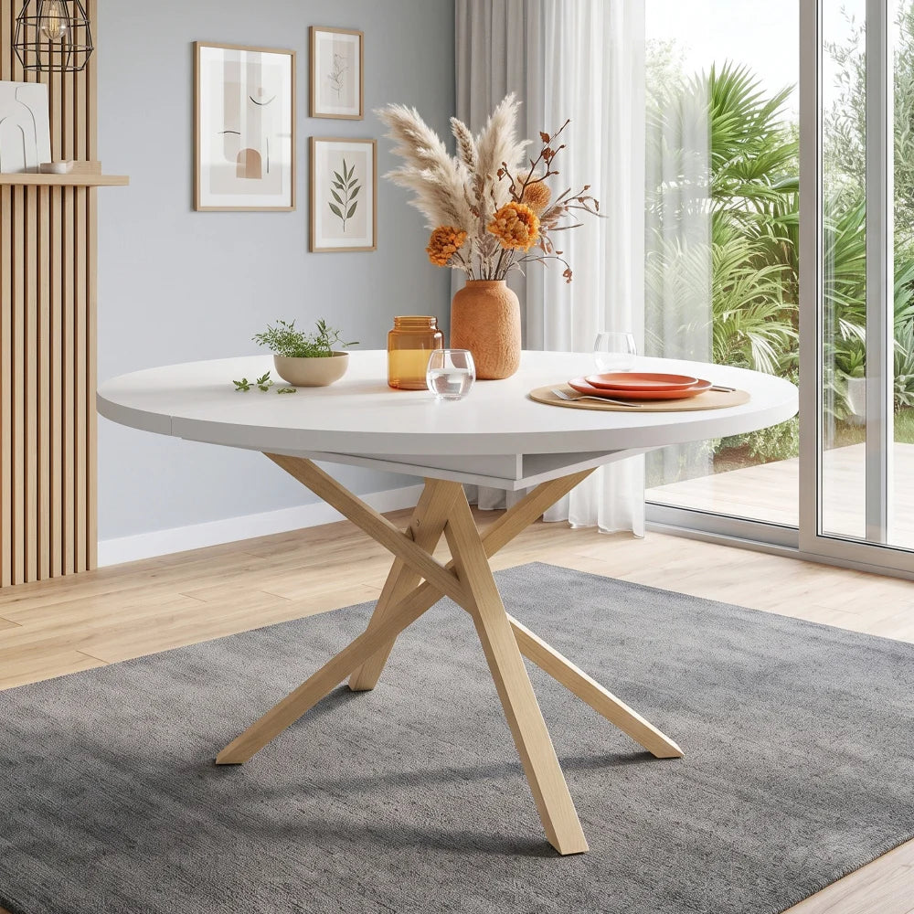 Table ronde extensible 100-140 cm, pieds croisés