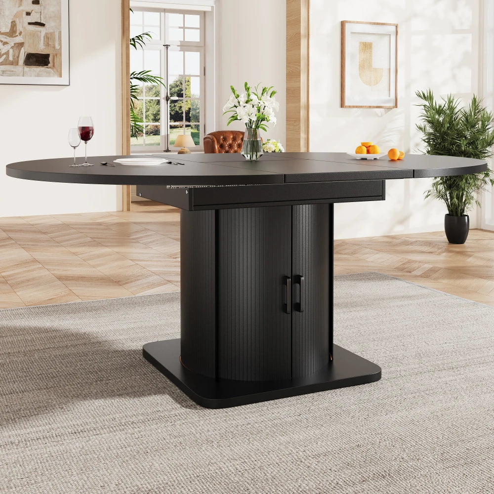 Table ronde extensible noire 118-158 cm à tiroirs