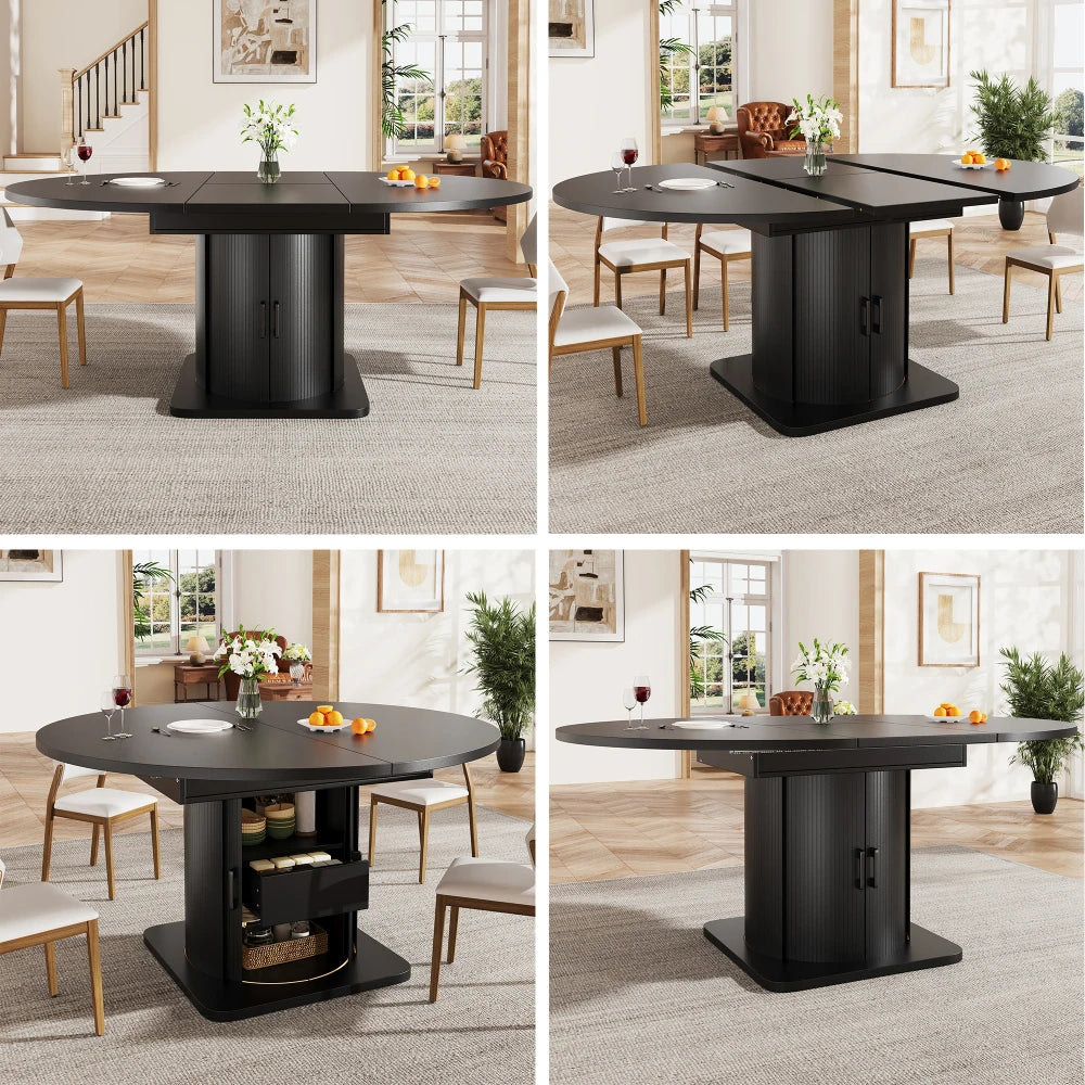 Table ronde extensible noire 118-158 cm à tiroirs
