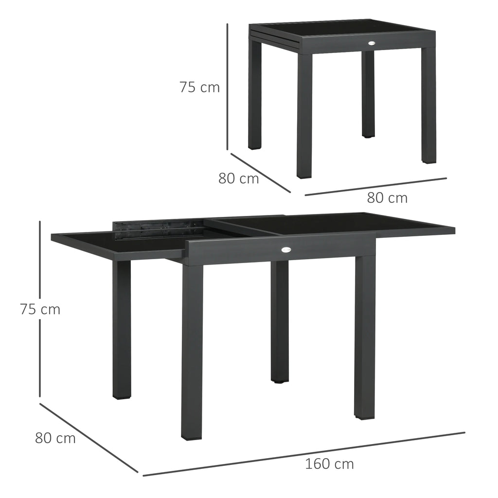 Table de jardin extensible 80-160 cm, aluminium et verre