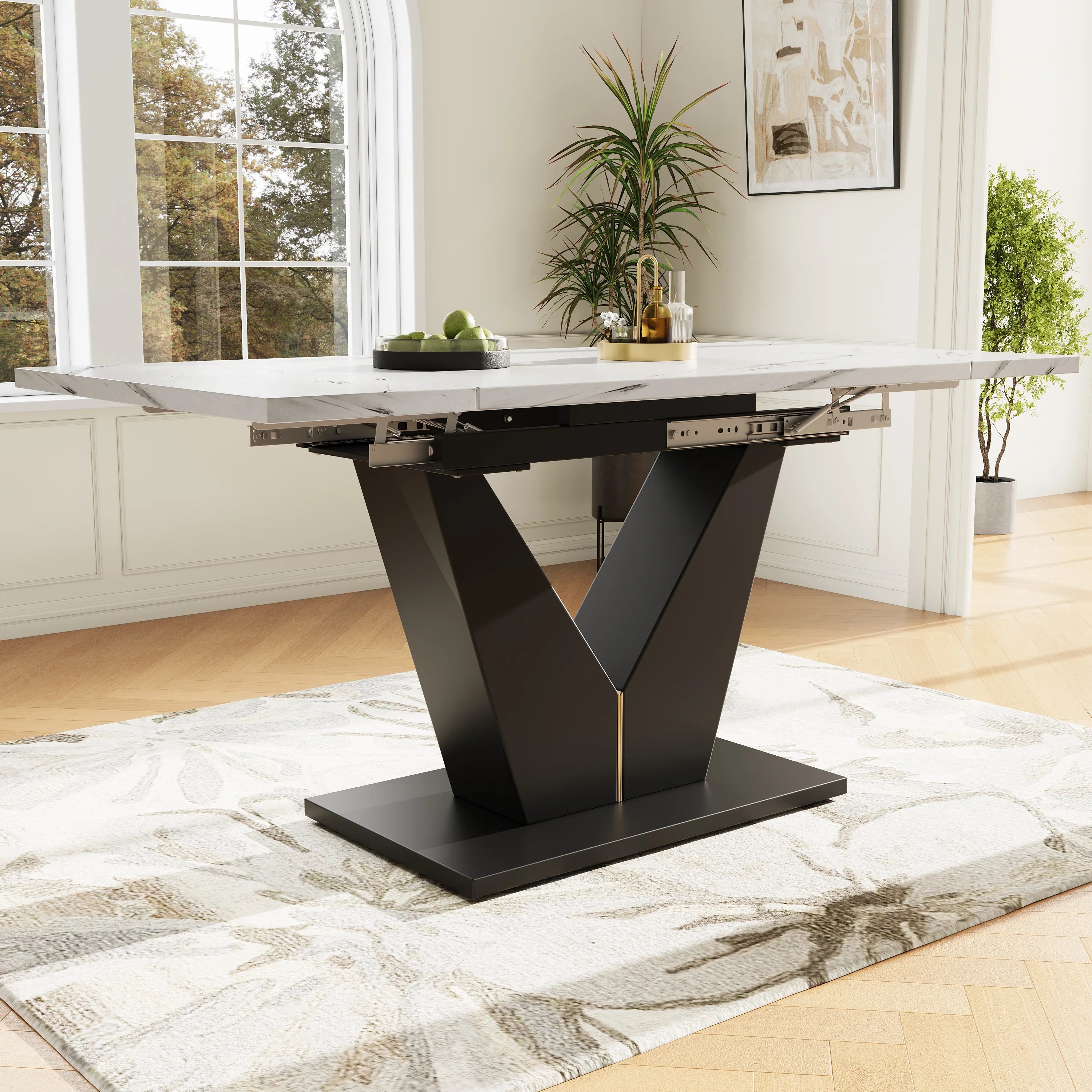 Table extensible télescopique, plateau aspect marbre