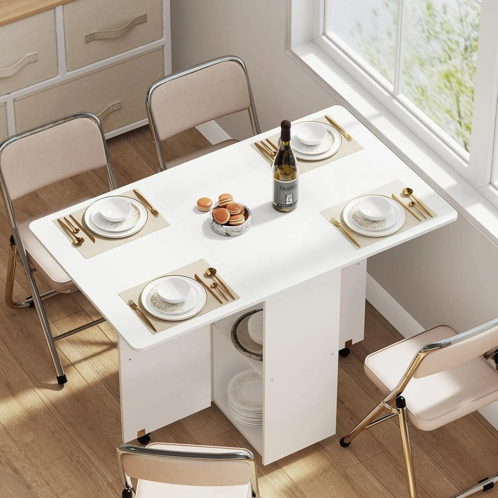 Table pliante sur roulettes avec étagères