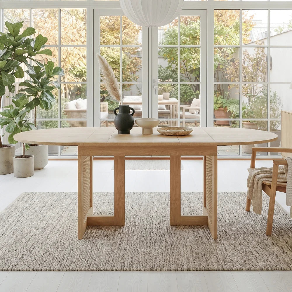 Table rectangulaire extensible aspect chêne, pieds rotin