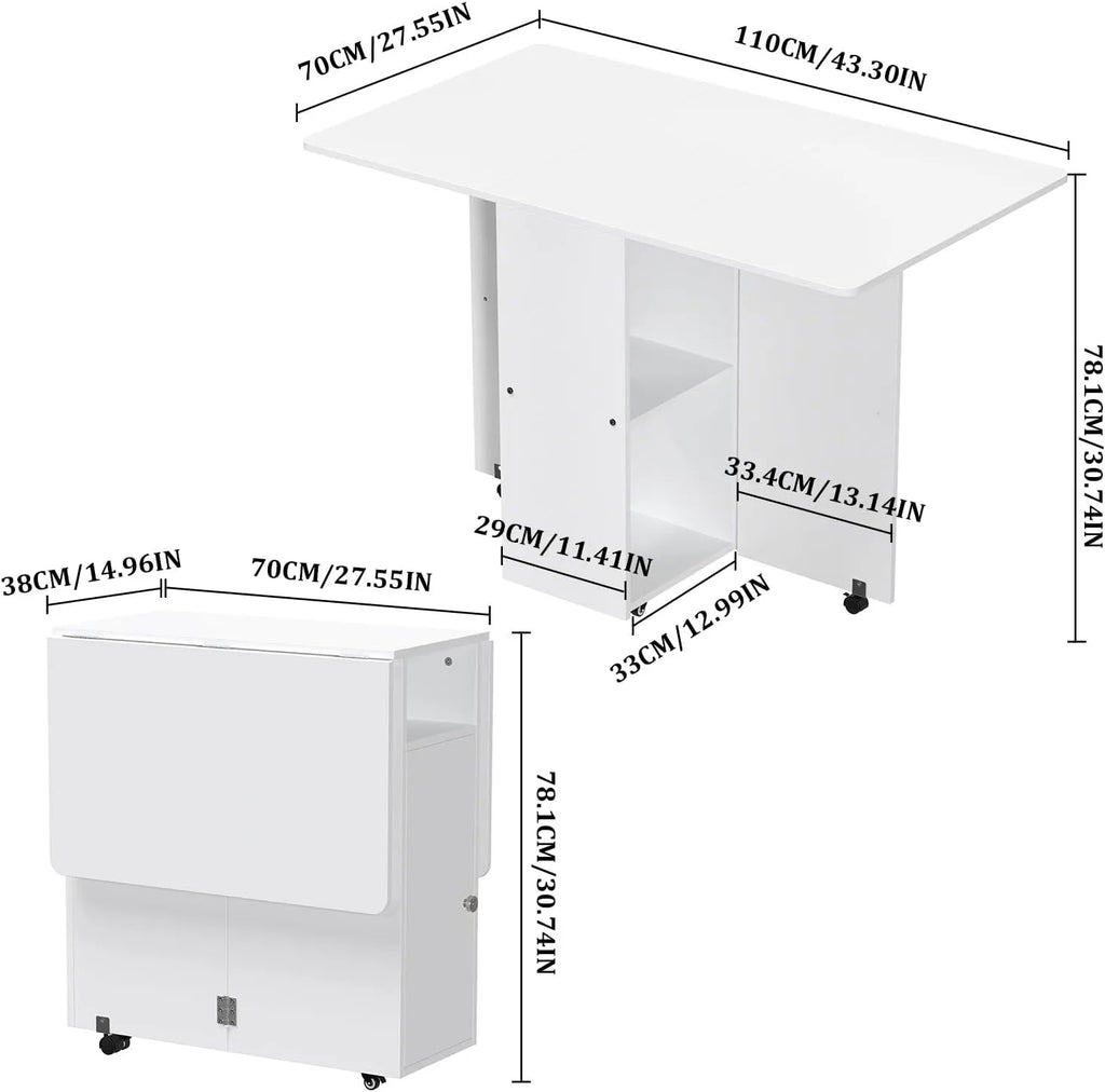 Table pliante sur roulettes avec étagères