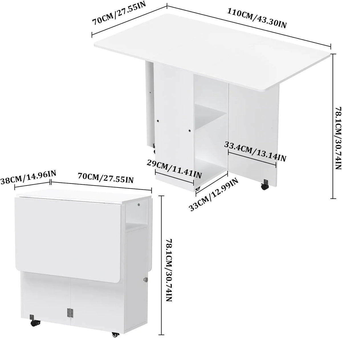 Table pliante sur roulettes avec étagères